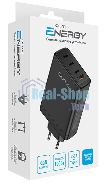 Сетевое зарядное устройство Qumo Energy Charger GaN PD 100 Вт, USB-A + 3 USB Type-C, (0100), черный