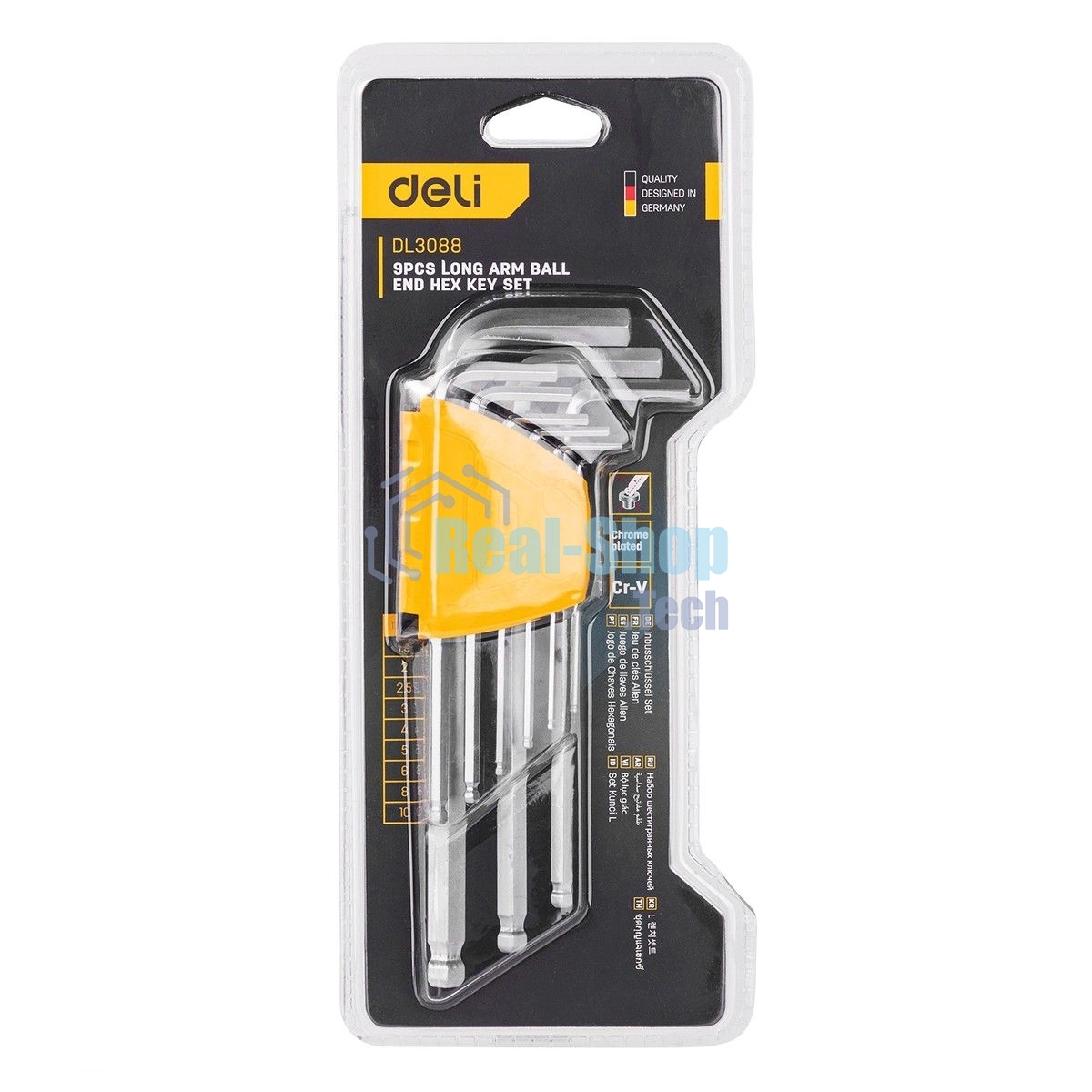 Набор шестигранных ключей с шаром Deli DL3088 9 шт. Размер: 1,5-10 мм. Материал: Cr-V. Шаровой конец. Хромированный.