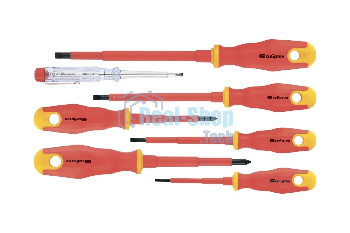 Набор отверток Сибртех диэлектрических до 1000в тестер crv двухкомпонентные рукоятки (7 шт.)