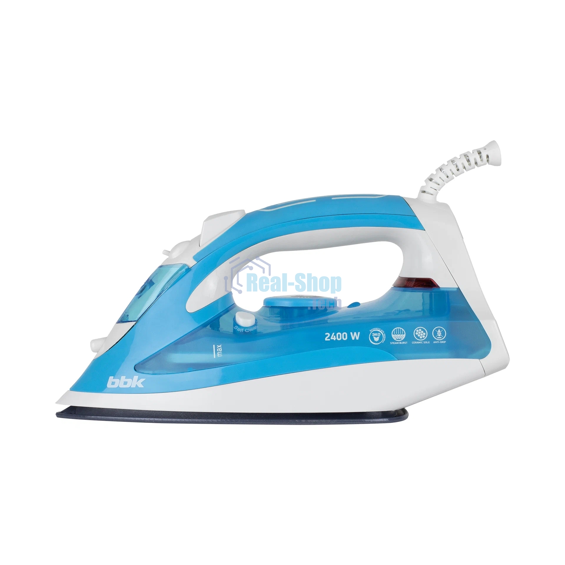 Утюг BBK ISE-2400 бирюзовый/белый, 2400 Вт, 35 г/мин, 140 г/мин, 280 мл