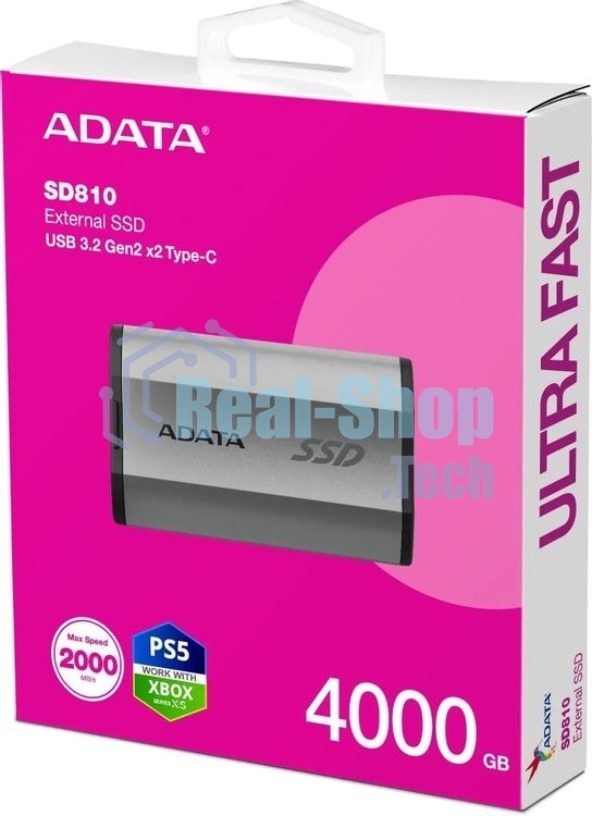 Внешний SSD ADATA SD810, 4Tb, USB 3.2 Gen 2x2 Type-C, R/W 2000/2000, серебристый