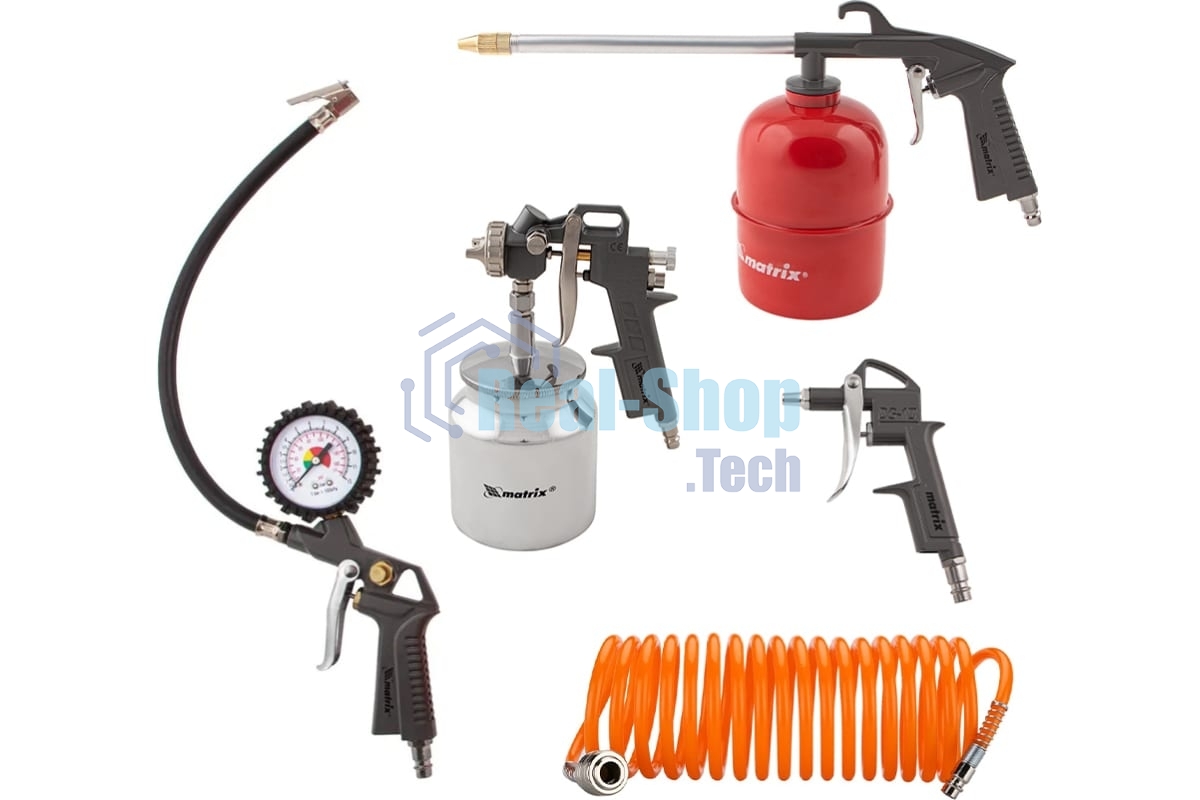 Набор пневмоинструмента Matrix, 5 предметов, быстросъемное соед., краскорасп. с нижним бачком