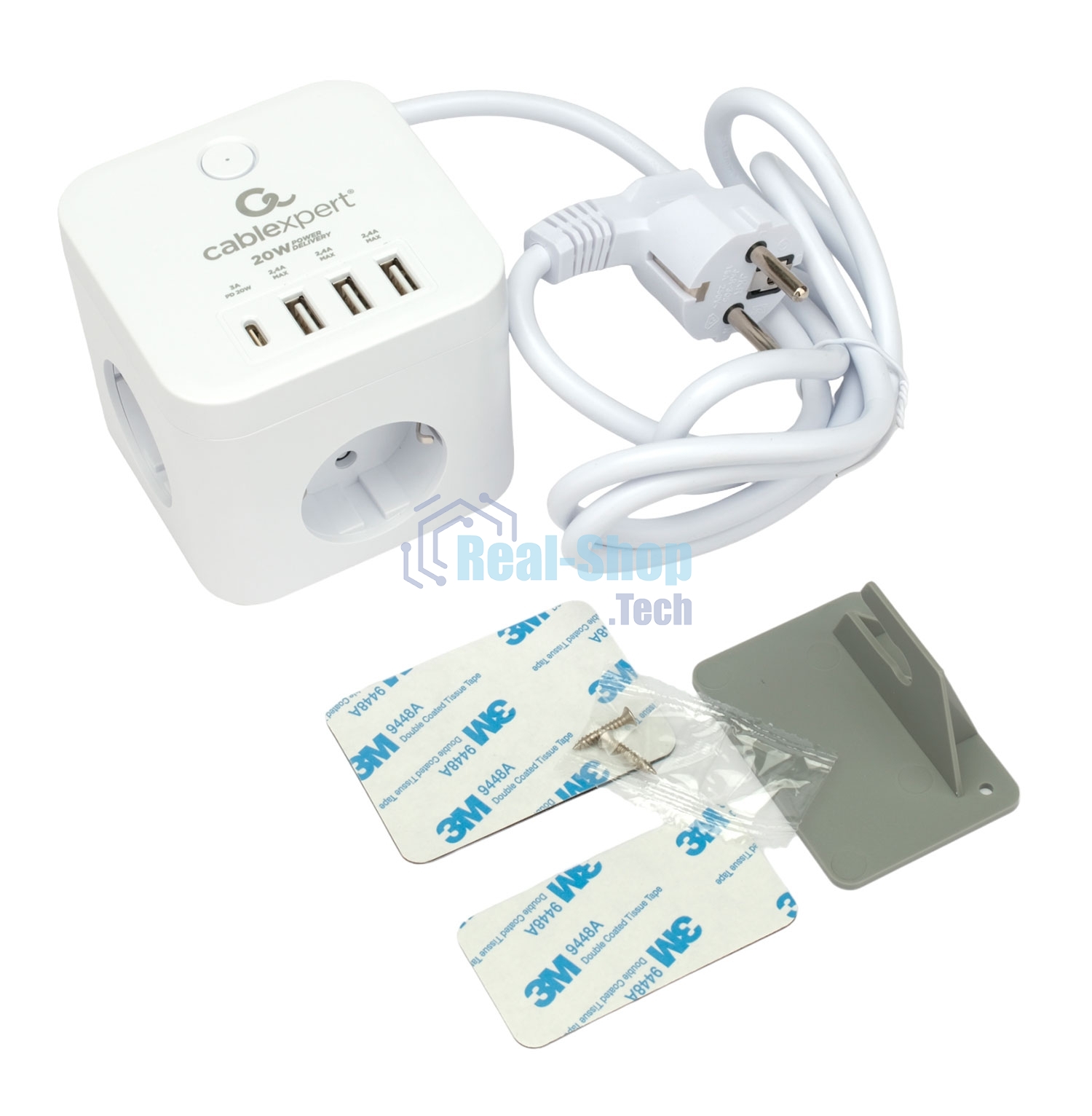 Сетевой фильтр Cablexpert Cube CUBE-3-CU3-W-1.5, 3 р, 10А, 1xType-C PD, 3xUSB, 1.5 м, ур.защиты 4+, белый, коробка
