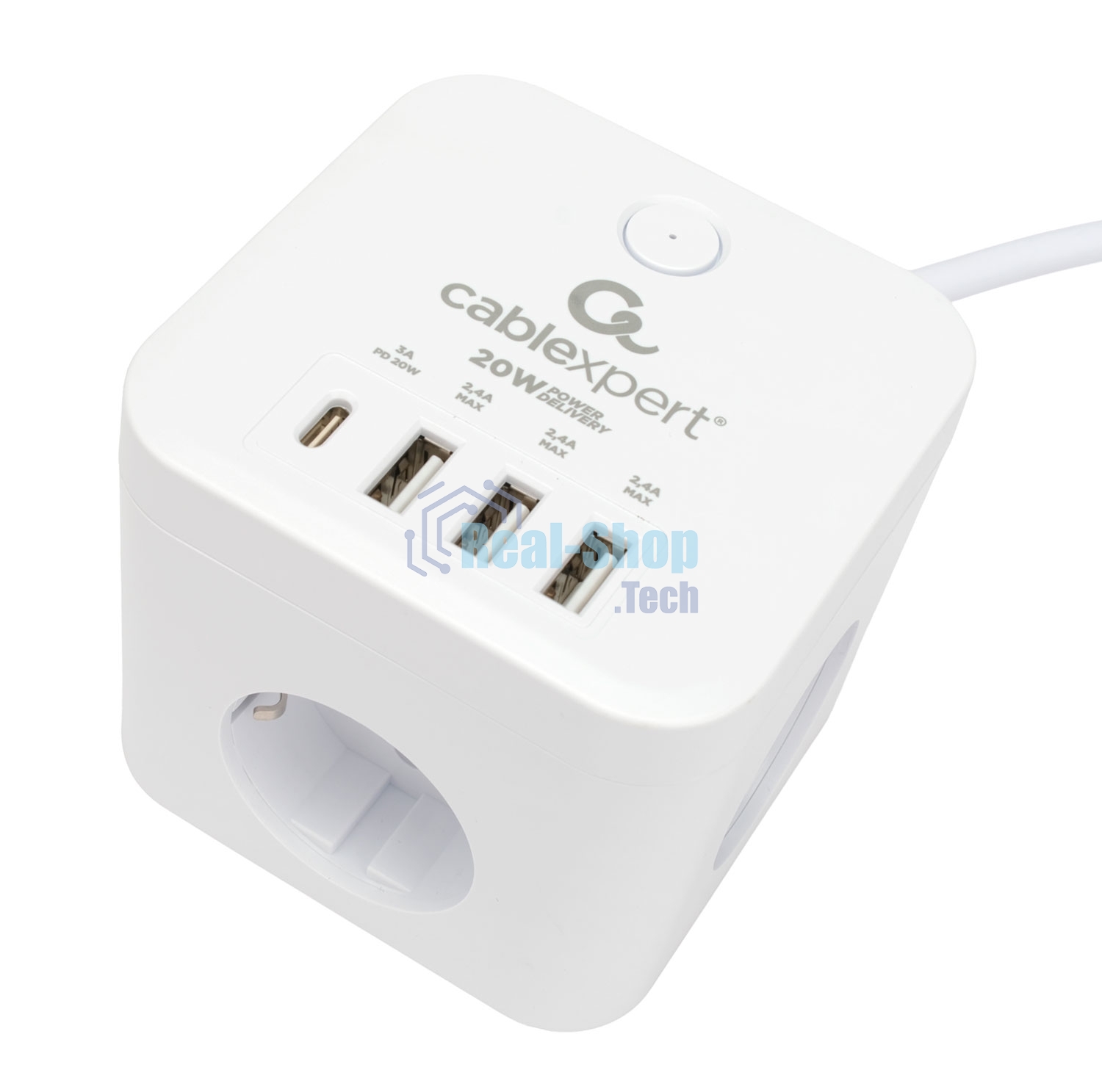 Сетевой фильтр Cablexpert Cube CUBE-3-CU3-W-1.5, 3 р, 10А, 1xType-C PD, 3xUSB, 1.5 м, ур.защиты 4+, белый, коробка