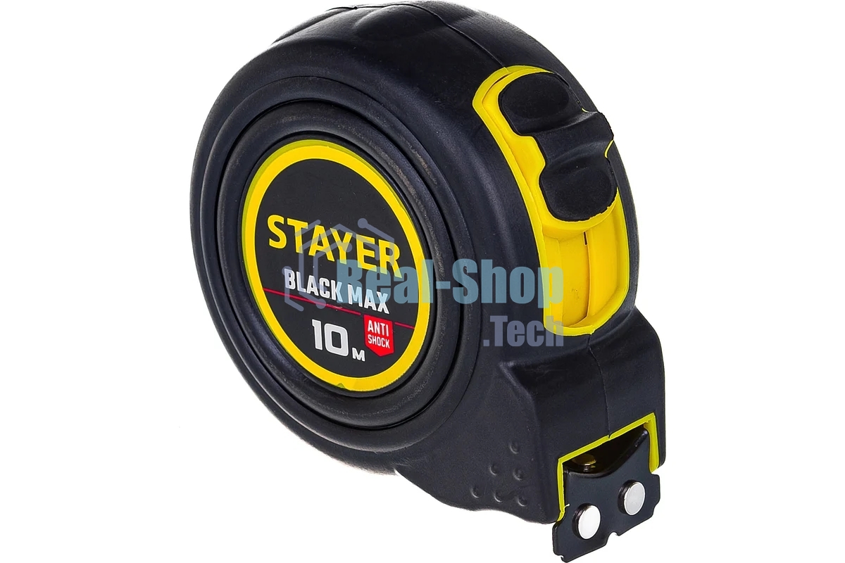 Рулетка STAYER BlackMax 10м/25мм в ударостойком полностью обрезиненном корпусе и двумя фиксаторами