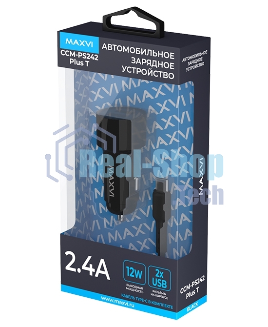Автомобильное зарядное устройство Maxvi CCM-PS242 Plus T 2хUSB 2.4А + кабель Type-C 1м, черный