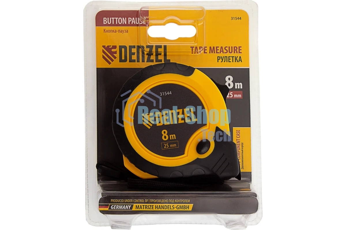 Рулетка Denzel 8м х 25мм, двухкомп. корпус, кнопка-пауза