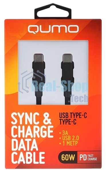 Кабель QUMO 32964 Type-C на Type-C, силиконовый, 1м, 3A, 60W, PD черный
