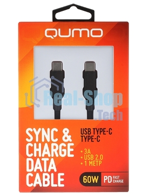 Кабель QUMO 32964 Type-C на Type-C, силиконовый, 1м, 3A, 60W, PD черный