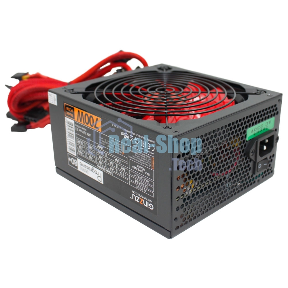 Блок питания Ginzzu PC700 14CM(Red) 80 PLUS black,APFC,24+4p,2 PCI-E(6+2), 7*SATA, 4*IDE,оплетка, кабель питания,цветная коробка