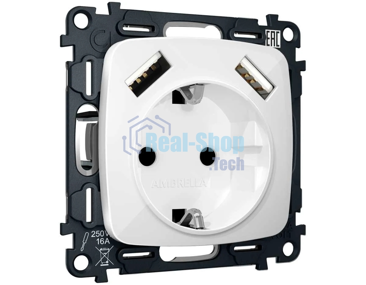 Комплект механизма электрической розетки OMEGA Белый глянец 2USB A+A 18W (быстрая зарядка) с/з QUANT (OP1090, VM155) MO109010