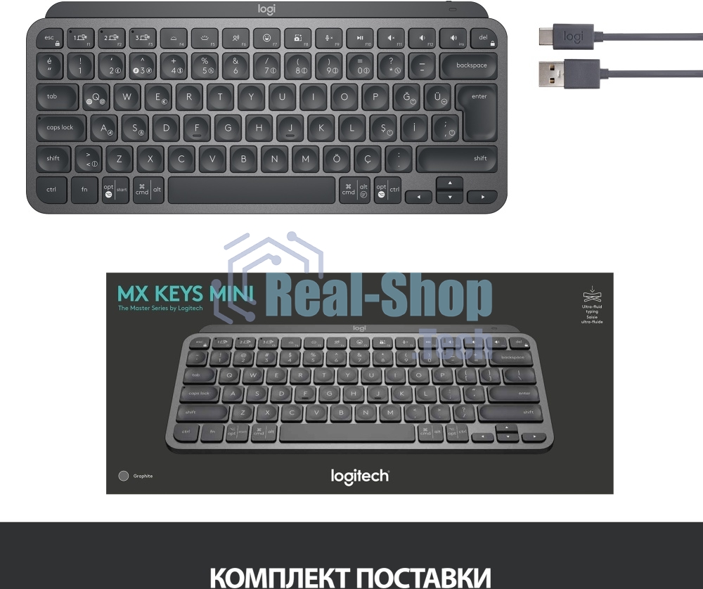 Клавиатура беспроводная Logitech MX Keys Mini (920-010501), USB, Bluetooth/Радиоканал, темно-серый/черный