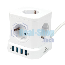 Сетевой фильтр Cablexpert Tower TWR-5-U4-W-2, 5 р, 10А, 4хUSB, 3.1А, 2 м, ур.защиты 4+, белый, коробка