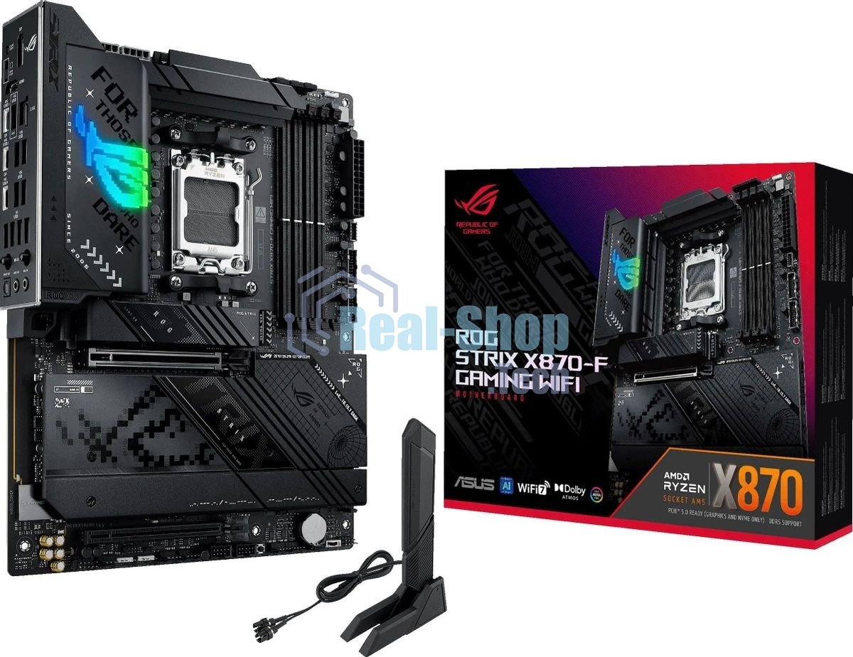 Материнская плата ASUS ROG STRIX X870-F GAMING WIFI, AM5, AMD X870, 4xDDR5, 2xSATA, 4xM.2, 1xPCI-E 5.0 x16, 1xPCI-E 4.0 x4, 1xHDMI, 1xDP, 2xUSB-C USB4, 1xUSB-C 10Gbps, 5xUSB-A 10Gbps, 4xUSB-A 5Gbps, 1x 2.5Gb LAN, 2x3.5 мм, 7.1, ATX