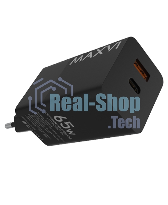 Сетевое зарядное устройство Maxvi A482GN 65W, 1xUSB-A, 1xUSB-C, черный