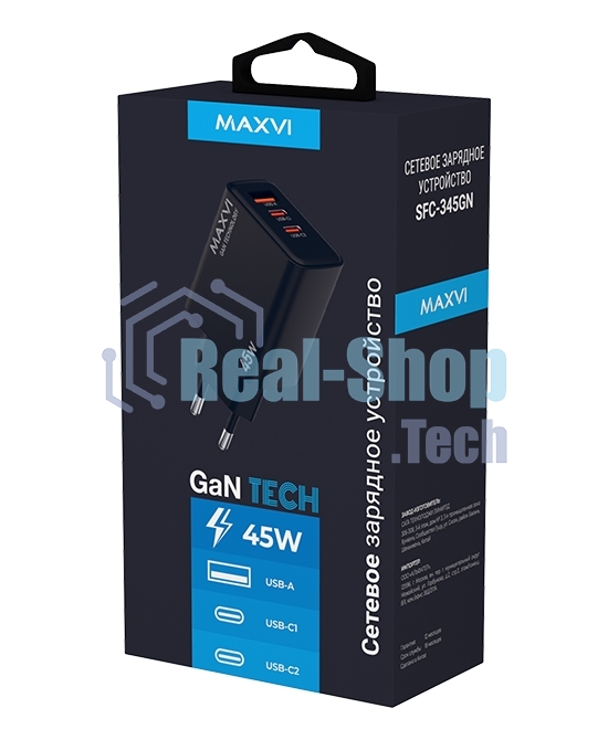 Сетевое зарядное устройство Maxvi SFC-345GN 2xType-C\USB 45W PD QC3.0 черный