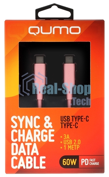 Кабель QUMO 32966 Type-C на Type-C, силиконовый, 1м, 3A, 60W, PD (розовый)