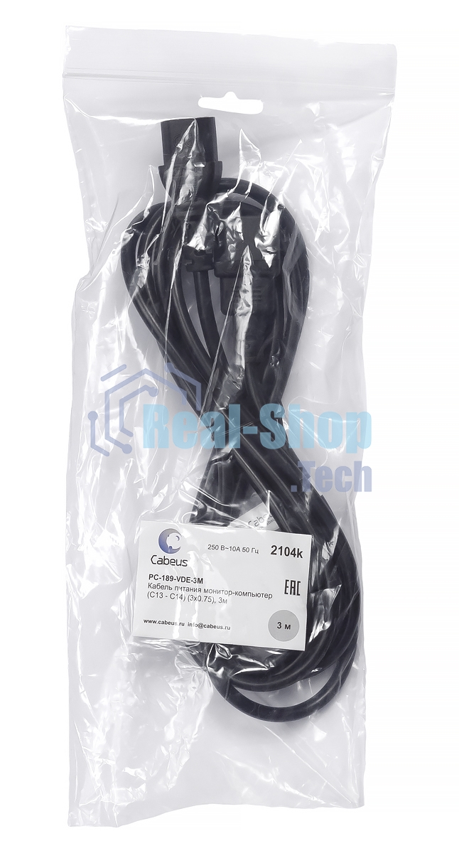 Кабель питания монитор-компьютер Cabeus PC-189-VDE-3M IEC 320 C13, вилка IEC 60320 С14, 3 м, количество проводов и сечении 3x0,75 мм2, черный