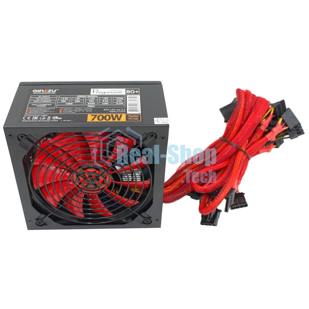 Блок питания Ginzzu PC700 14CM(Red) 80 PLUS black,APFC,24+4p,2 PCI-E(6+2), 7*SATA, 4*IDE,оплетка, кабель питания,цветная коробка