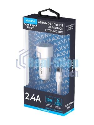 Автомобильное зарядное устройство Maxvi CCM-PS242 Plus T 2хUSB 2.4А + кабель Type-C 1м, белый