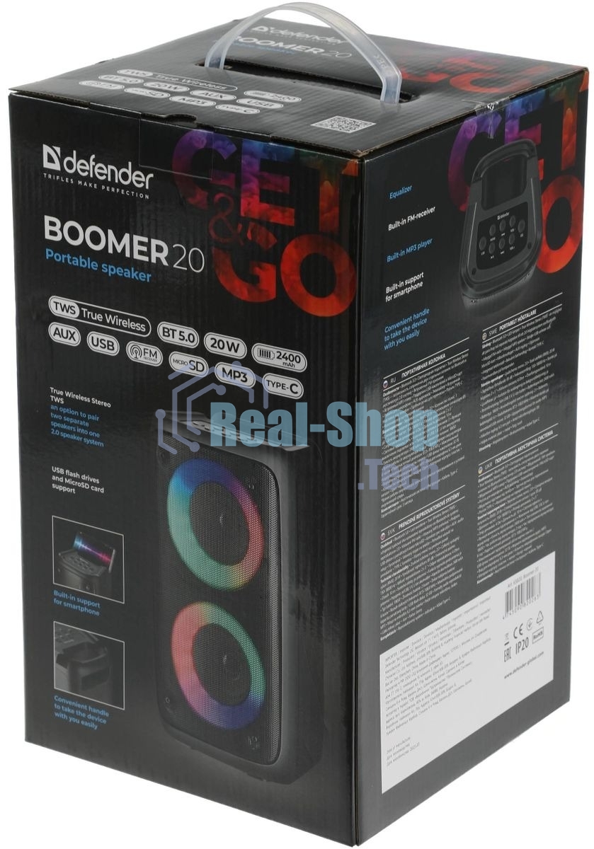 Портативная колонка Defender Boomer 20 20Вт Light/BT/FM/USB/AUX/MIC черный