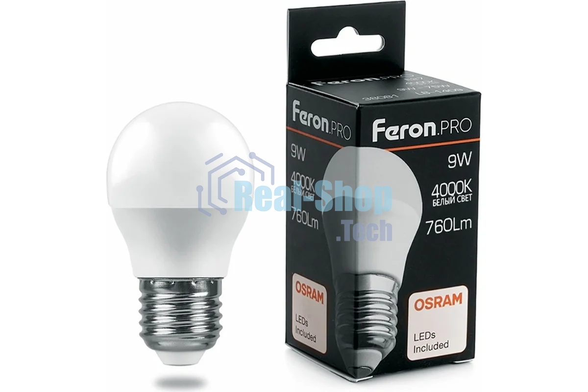 Лампа светодиодная FERON PRO LB-1409 (38081) 9 вт Е27 белый матовый шар