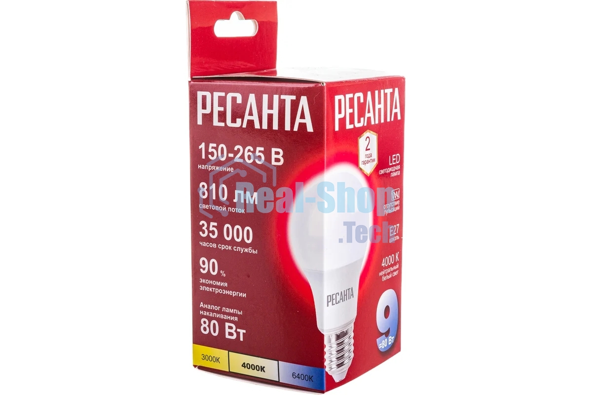 Лампа светодиодная Ресанта LL-R-A60-9W-230-4K-E27 груша, 9 Вт, нейтр., Е27