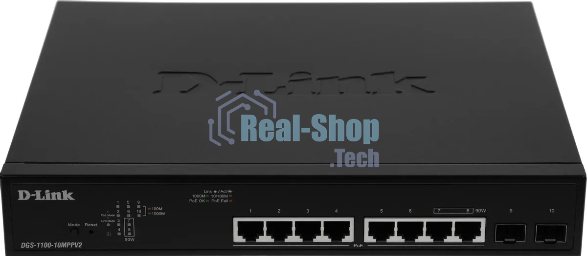 Коммутатор D-Link DGS-1100-10MPPV2/A, 8×1 Гбит/с + 2×1 Гбит/с SFP, настраиваемый
