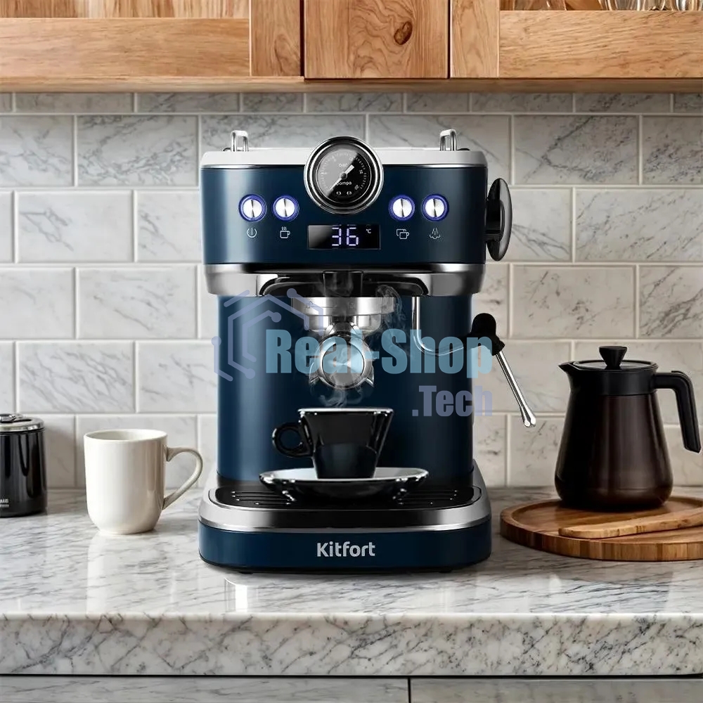 Кофеварка рожковая Kitfort КТ-7429 синий/нержавеющая сталь, исп. кофе - молотый, 1,5 л, 1360 Вт, 20 бар