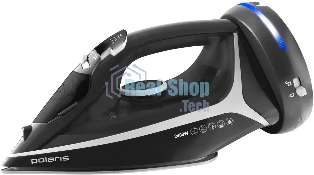 Утюг Polaris PIR 2444K Cord LESS черный/серебристый, 2400 Вт, 45 г/мин, 150 г/мин, 300 мл