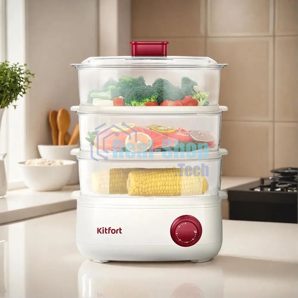 Пароварка Kitfort КТ-6830 3ярус. 800Вт белый/красный