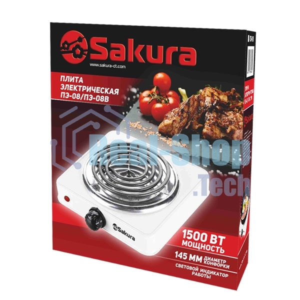 Плита настольная электрическая Sakura ПЭ-08 белый, 1.5 кВт, ТЭН, конфорки - 1, эмаль, поворотные переключатели