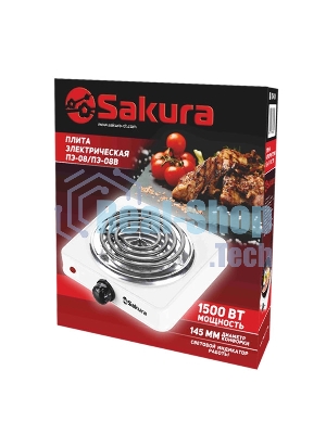 Плита настольная электрическая Sakura ПЭ-08 белый, 1.5 кВт, ТЭН, конфорки - 1, эмаль, поворотные переключатели