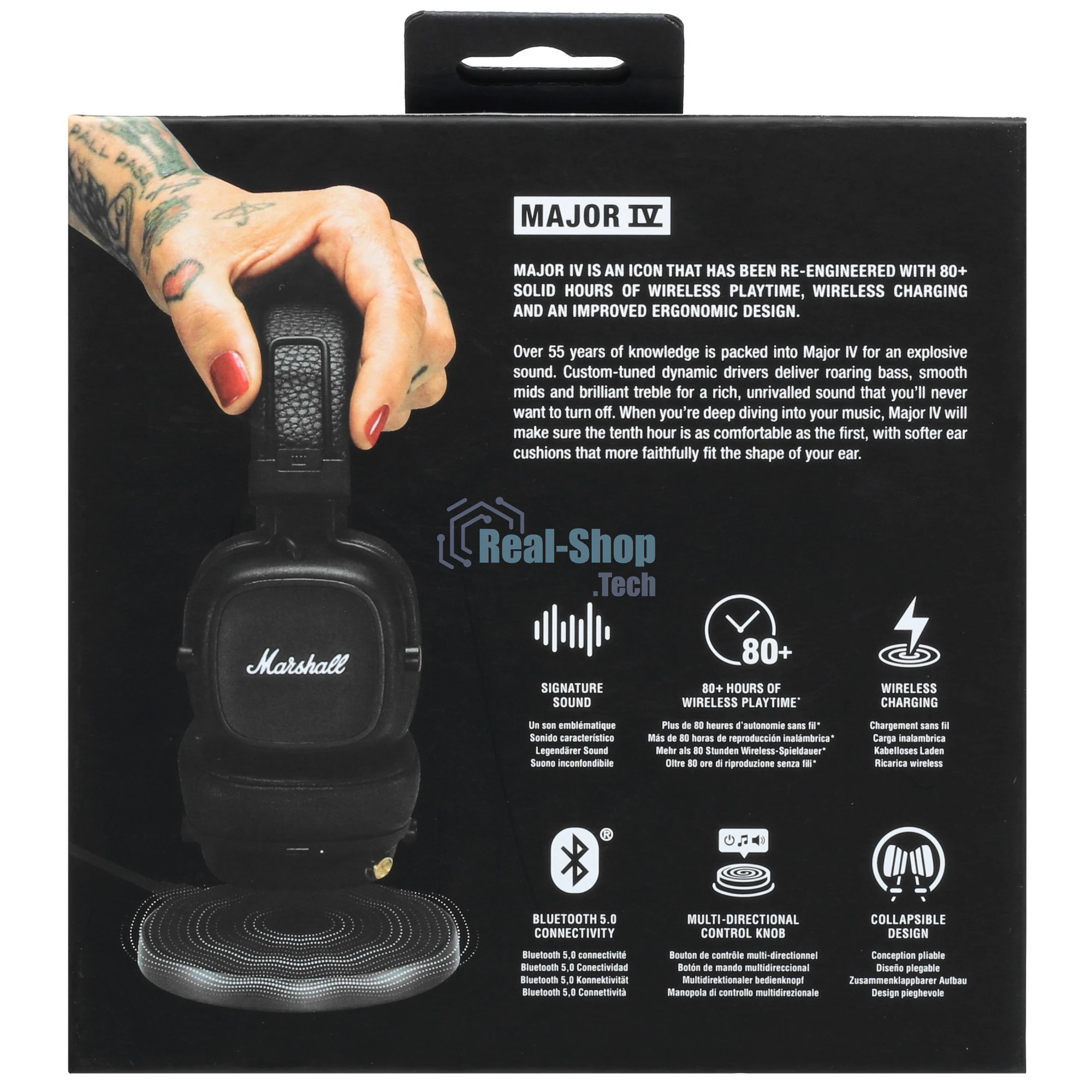 Беспроводные/проводные наушники Marshall Major IV черный, накладные, Bluetooth + проводной, беспроводная зарядка, до 80 ч