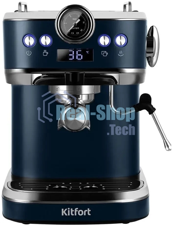 Кофеварка рожковая Kitfort КТ-7429 синий/нержавеющая сталь, исп. кофе - молотый, 1,5 л, 1360 Вт, 20 бар