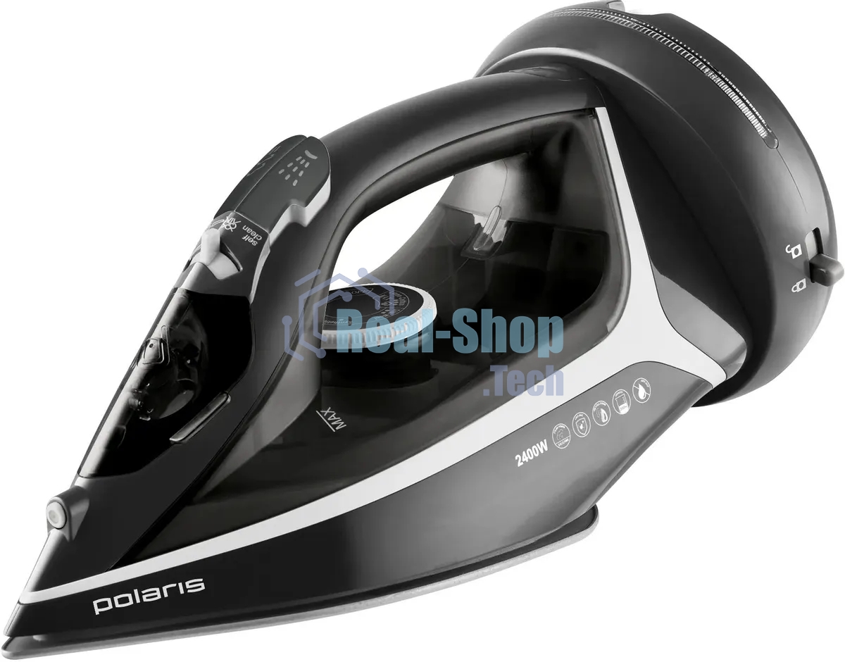 Утюг Polaris PIR 2444K Cord LESS черный/серебристый, 2400 Вт, 45 г/мин, 150 г/мин, 300 мл