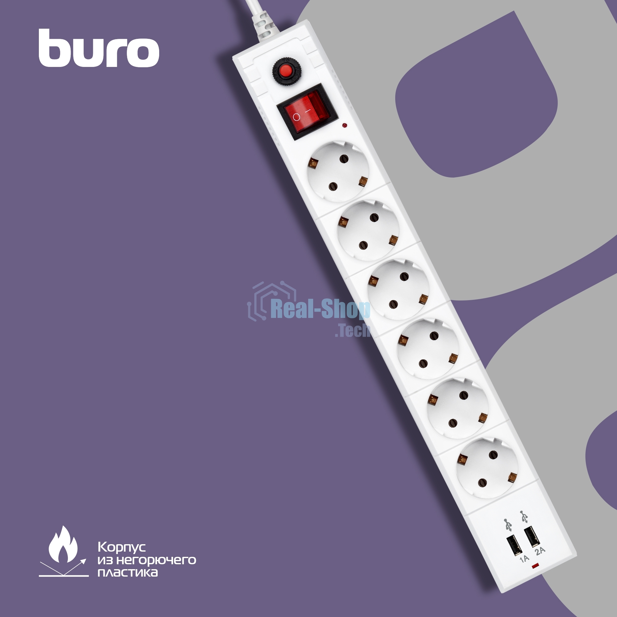 Сетевой фильтр Buro BU-SP1.8 USB 2A-W 1.8 м (6 розеток) белый (коробка)
