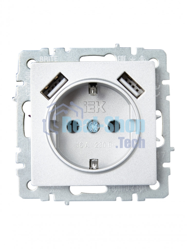 Розетка 1-местная IEK BRITE РЮш10-2-БрА (BR-R14-16-U21-D31-K47) с заземлением, с защитными шторками, 16А, с USB A+A 5В 3,1А, алюминий