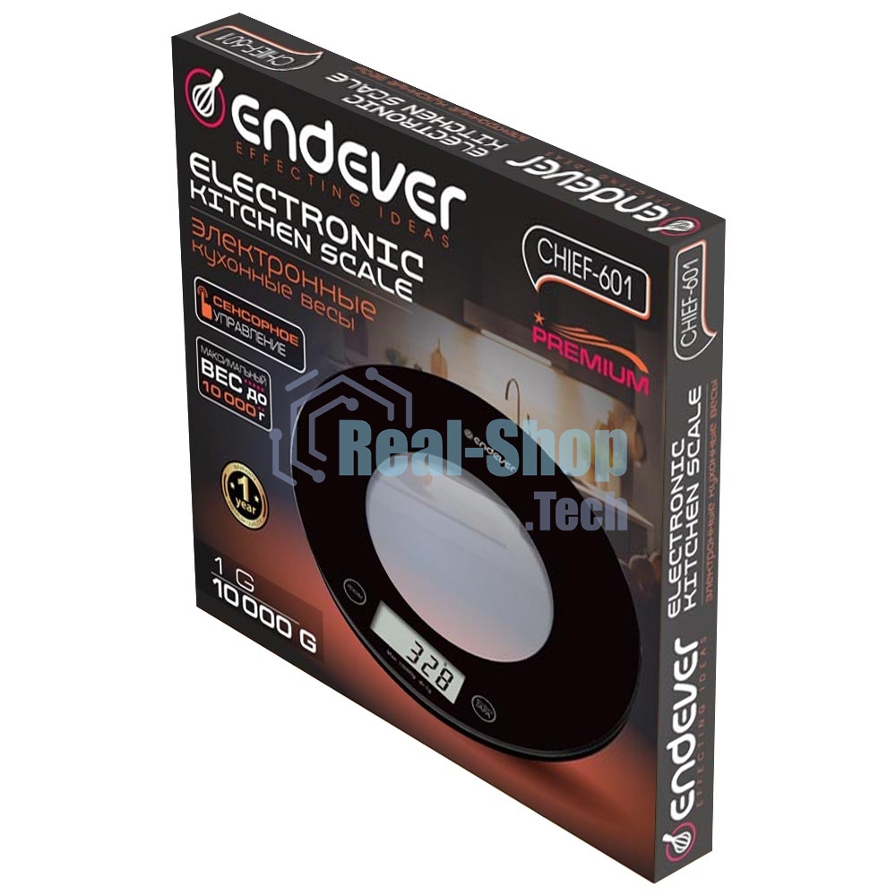 Весы кухонные электронные Endever Chief-601, черный, вес от 5 г до 5 кг, LCD-дисплей,закаленное стекло, 20 шт./уп.