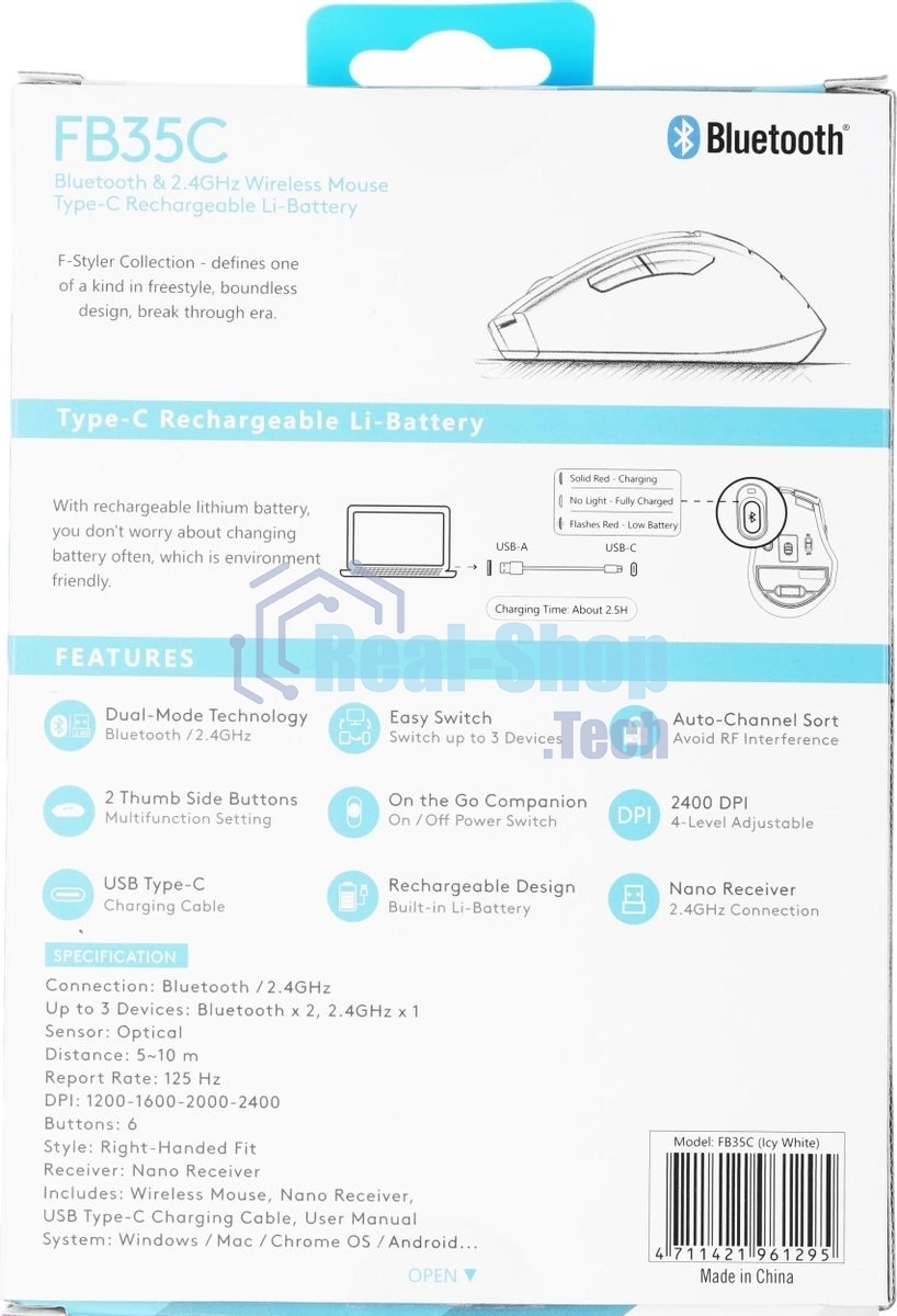 Мышь беспроводная A4Tech Fstyler FB35C белый, 2000 dpi, радиоканал, Bluetooth, USB, кнопки - 6