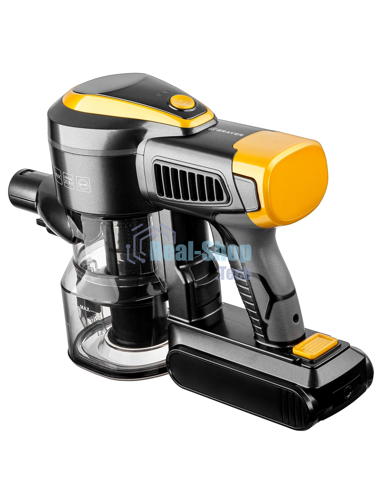 Пылесос вертикальный Brayer BR4273 серый/желтый, питание от аккумулятора, 350 Вт, уборка сухая, пылесборник 0,8 л