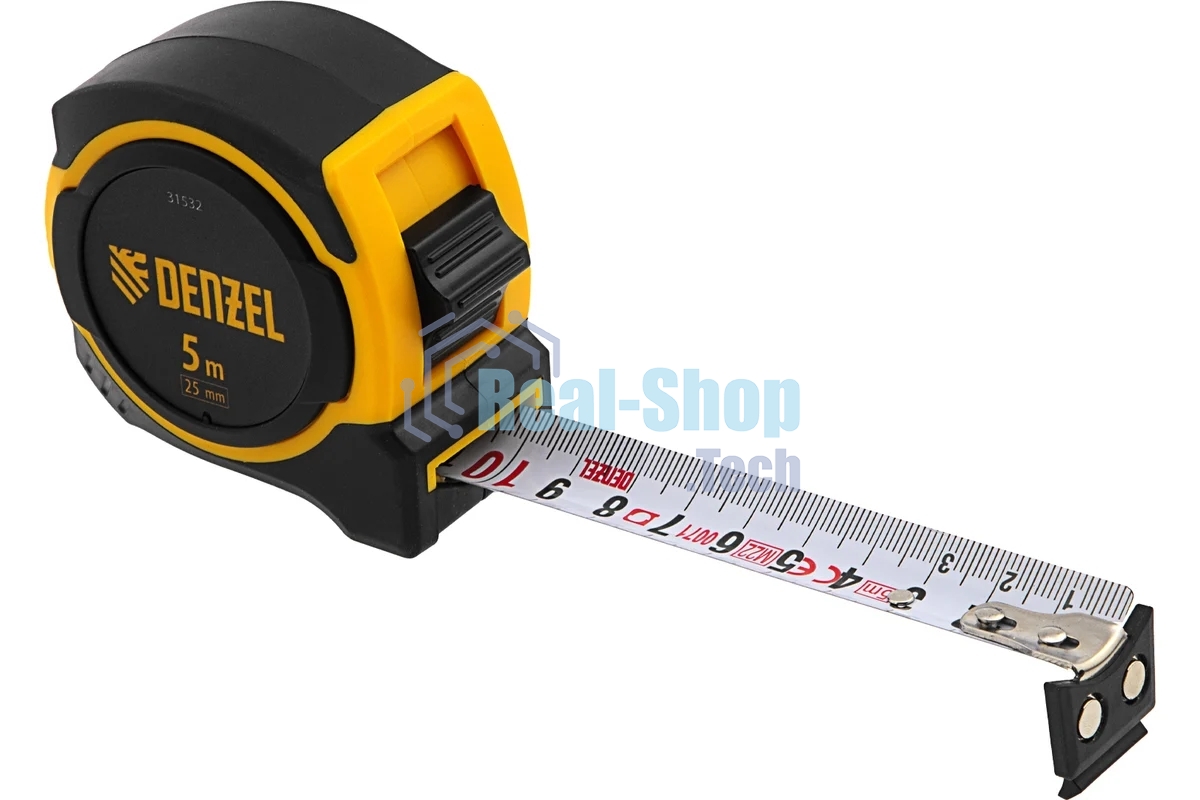 Рулетка Denzel 5м х 25мм, двухкомп. корпус, магнитный обрезиненный зацеп