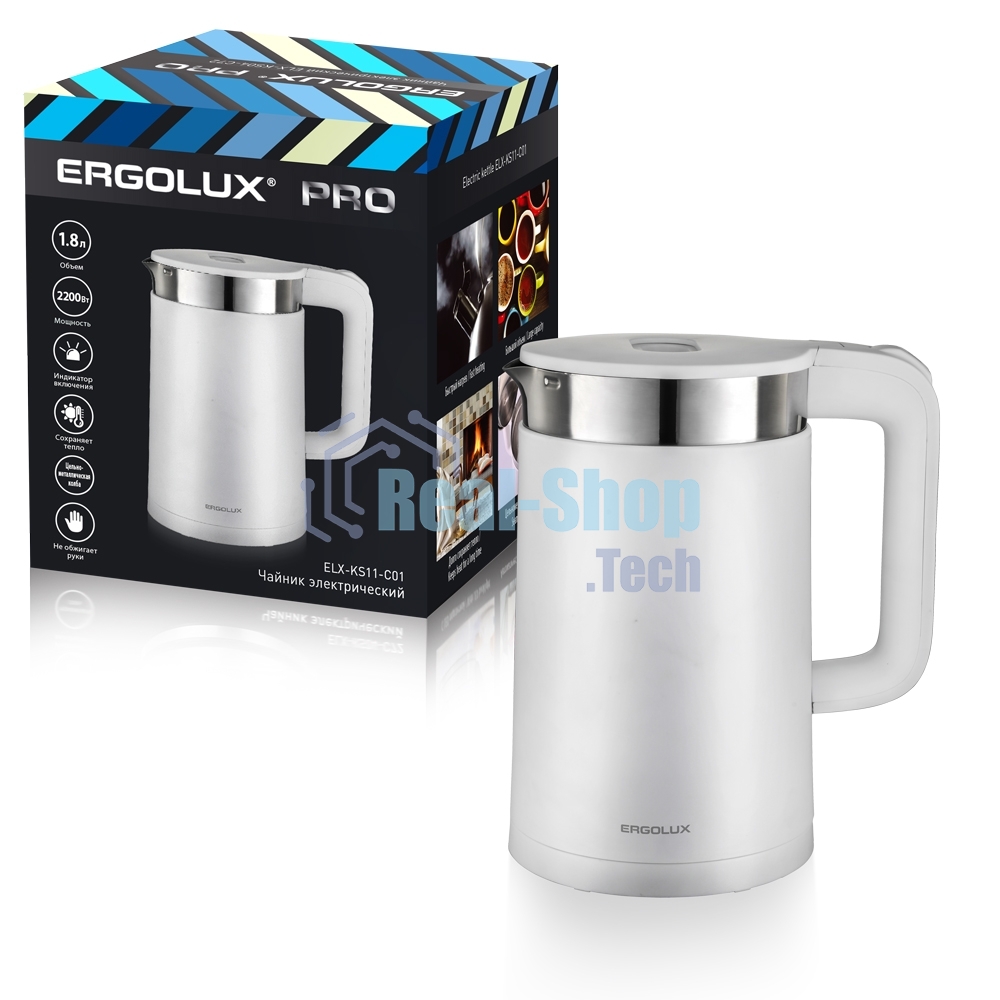 Чайник электрический ELX-KS11-C01 PRO нерж. сталь/пластик 1.8л 220-240В 2200Вт белый Ergolux 15329