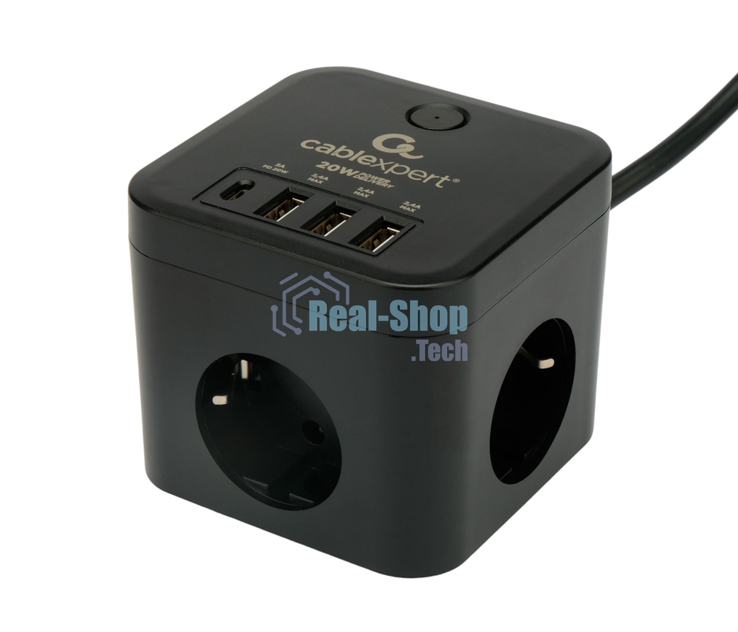 Сетевой фильтр Cablexpert Cube CUBE-3-CU3-B-1.5, 3 р, 10А, 1xType-C PD, 3xUSB, 1.5 м, ур.защиты 4+, черный, коробка