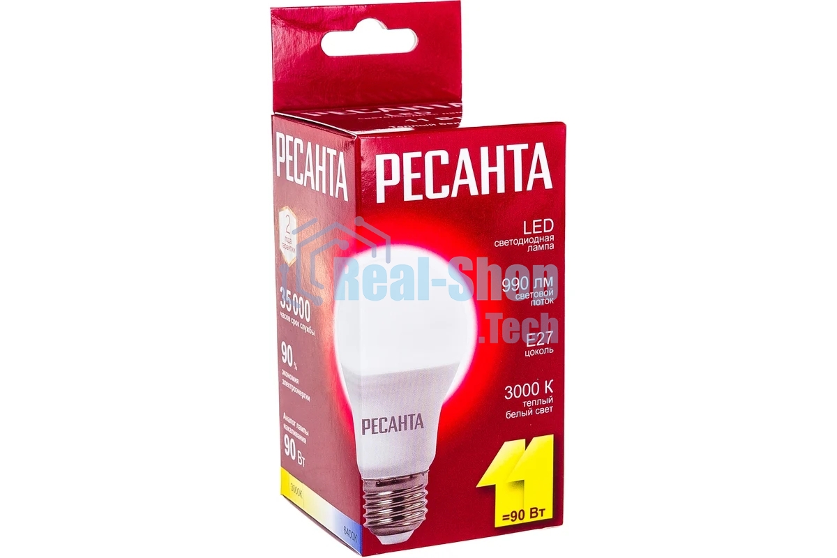 Лампа светодиодная Ресанта LL-R-A60-11W-230-3K-E27 груша, 11 Вт, тепл., Е27