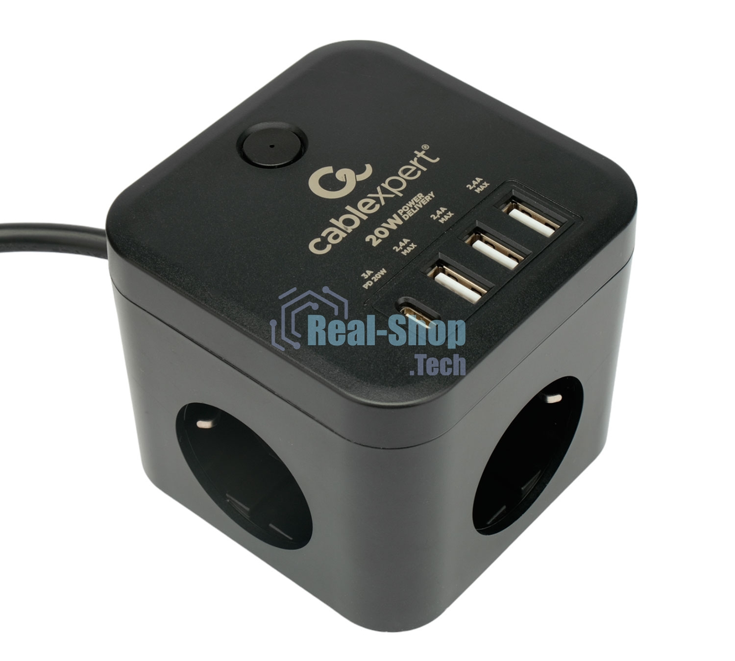 Сетевой фильтр Cablexpert Cube CUBE-3-CU3-B-1.5, 3 р, 10А, 1xType-C PD, 3xUSB, 1.5 м, ур.защиты 4+, черный, коробка