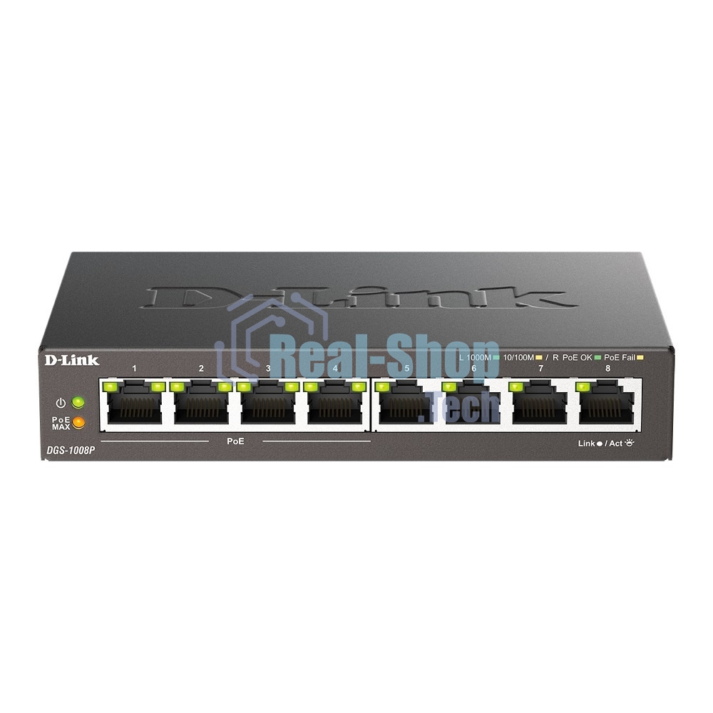 Неуправляемый коммутатор D-Link DGS-1008P/F3A с 8 портами 10/100/1000Base-T (4 порта PoE 802.3af/at, PoE-бюджет 60 Вт)