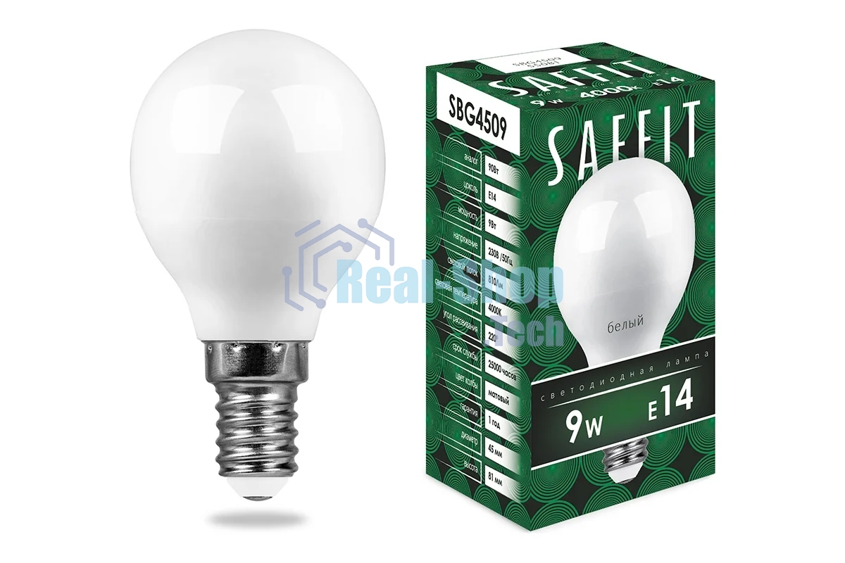 Лампа светодиодная SAFFIT SBG4509 (55081) 9Вт Е14 белый матовый шар