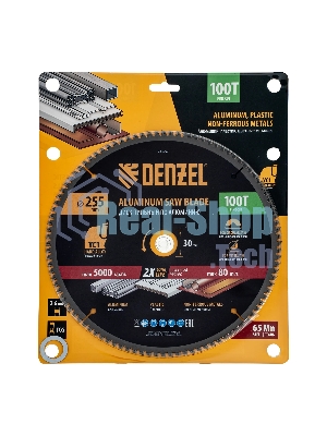 Пильный диск по алюминию Denzel ф255 х 30 мм, 100 зубьев