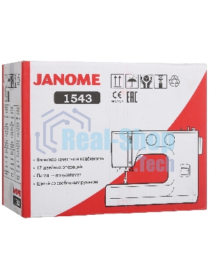 Швейная машина Janome 1543 белый/розовый, электромеханическая, вертикальный качающийся, 17 операций, петля полуавтомат
